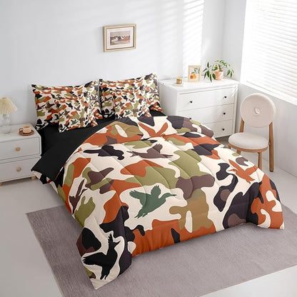 Erosebridal Camouflage 7 Pcs Comforter Set Full Size Camo Bedding for Kids Hunting Farmhouse Camping Bed in A Bag Sheet Set Vintage Green Army Room Decor Wild Duck Rustic Animal Bed Set