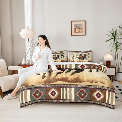 Erosebridal Horse 7 Piece Bedding Set Twin Size,Southwestern Aztec Bed in a Bag,Ethnic Mexican Bed Set Includes Comforter, Sheet Set, Pillowcases & Pillow Covers All Season Bedroom Decor