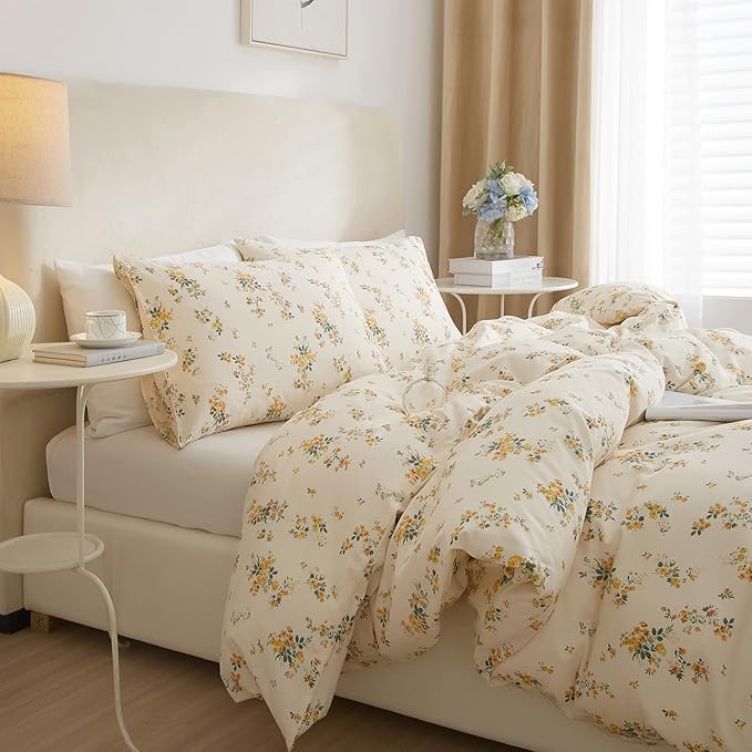 mixinni Yellow Floral Comforter Twin XL Boho Flower Leaves Pattern Printed Bedding Sets Cute Floral Soft Fluffy Comforter with 2 Pillowcases, Botanical Bed Set for All Season-Twin XL Size