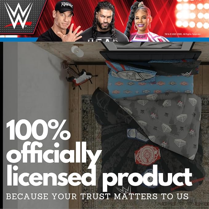 WWE Wrestling Full Bedding Set – 7 Piece Super Soft Microfiber Reversible Comforter & Sheet Set Featuring Championship Belts (Officially Licensed Product) by Franco