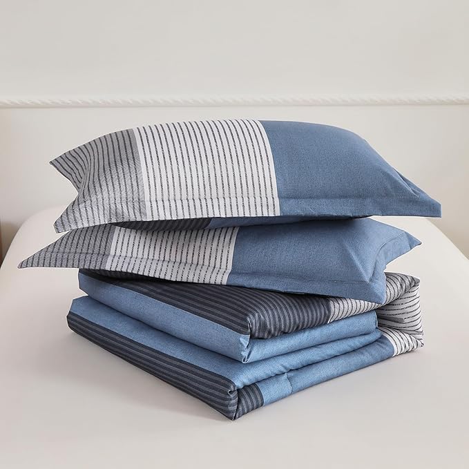 WONGS BEDDING Comforter Set Queen Size, Reversible Blue Grey Striped Patchwork Alternative Comforter for Queen Bed,3 Pieces (1 Comforter+2 Pillowcases), Soft Microfiber Bedding Duvet Set 90”×90”