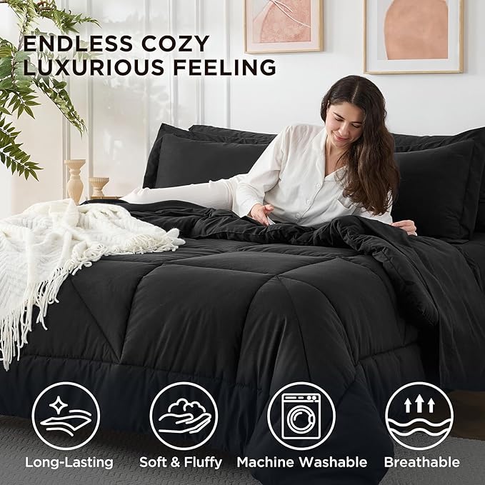 7 Pieces King Comforter Set - Utral Soft Microfiber Bedding Set, Thick Duvet Insert Bed in a Bag Without Rustling Noise for All Season, Black (102"x90")