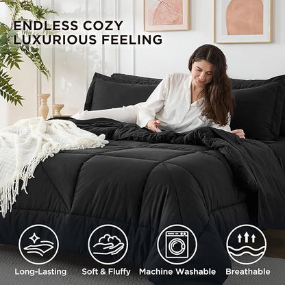 7 Pieces King Comforter Set - Utral Soft Microfiber Bedding Set, Thick Duvet Insert Bed in a Bag Without Rustling Noise for All Season, Black (102"x90")