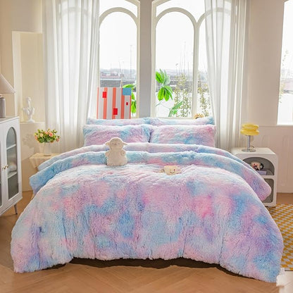 chovy Faux Fur Plush Tie-Dyed Blue Comforter Sets King - Ultra Soft Shaggy Flannel Velvet Fluffy Fuzzy 3PC Bedding Set （Comforter x 1 Pillowcases x 2）