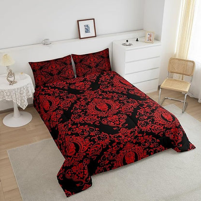 Feelyou Adults Red Vintage Damask Floral Comforter Set Oriental Antique Comforter Queen Size Gothic Bohemia Boho Bedding Set Exotic Sugar Skull Duvet Set Quilt Set 3Pcs