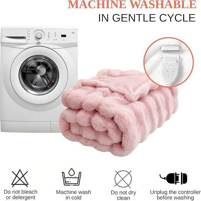 Electric Heated Blanket Throw 50"x60" Pink Ultra Soft Luxury Fluffy Faux Rabbit Fur Machine Washable 6 Heat Settings 4 Hours Auto Off Overheat Protection for Home Office Use