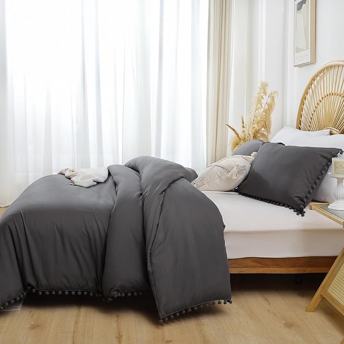 YIRDDEO Full Size Comforter Sets - Full Size Comforter with Ball Pom Fringe, Soft Bedding Set for All Seasons - 3 Pieces, 1 Comforter (79"x90") & 2 Pillow Shams(20"x26"), Charcoal Grey