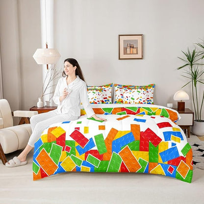 Cartoon Construction Bedding Sets King Size 7 Pcs,Watercolor Building Block Comforter Set for Kids Child Boys Girls Room Decor,Brick Games Fitted Flat Sheet with 2 Throw Pillow Covers 2 Pillowcases