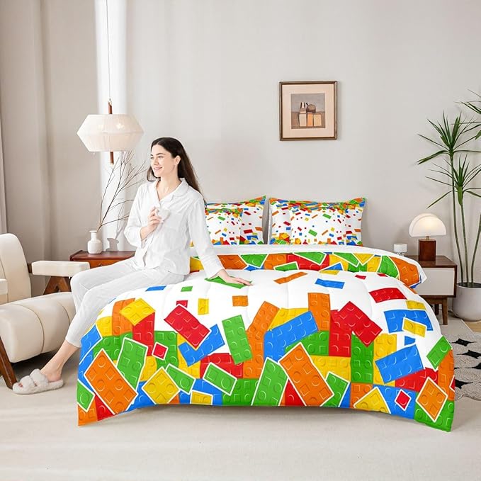 Cartoon Construction Bedding Sets Queen Size 7 Pcs,Watercolor Building Block Comforter Set for Kids Child Boys Girls Room Decor,Brick Games Fitted Flat Sheet with 2 Throw Pillow Covers 2 Pillowcases