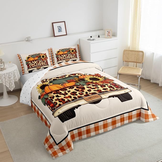 Fall Pumpkin Truck Comforter Set Twin Orange Rustic Farmhouse Buffalo Plaid Bedding Set Thanksgiving Harvest Season Comforter,Autumn Sunflower Maple Leaves Decorations For Home 1 Pillow Case