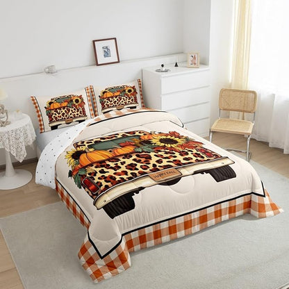 Fall Pumpkin Truck Comforter Set Twin Orange Rustic Farmhouse Buffalo Plaid Bedding Set Thanksgiving Harvest Season Comforter,Autumn Sunflower Maple Leaves Decorations For Home 1 Pillow Case