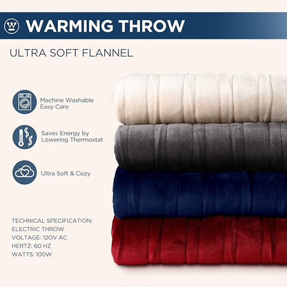 Westinghouse Electric Blanket Heated Throw, Super Cozy Soft Flannel 50"" x 60"" Heated Throw with 6 Fast Heating Levels & 2-10 Auto-Off, Machine Washable, ETL&FCC Certification, Home Office Use, Red