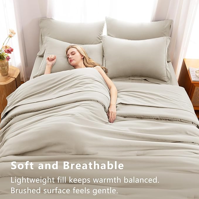 CozyLux King Comforter Set Beige, 7 Pieces Bed in a Bag Soft Bedding Comforter Set with Sheets, All Season Boho 7PC Bed Sets with Comforter, Fitted Sheets, Flat Sheets, Pillow Shams and Pillowcases