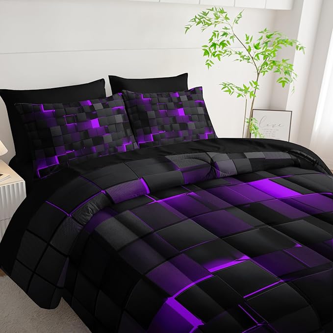 Geometric Violet Black Twin Comforter Set,Light Honeycomb Bedding Set 7 Piece in A Bag,Bed Sheet Set Geometry Decor,Microfiber Lightweight All Season