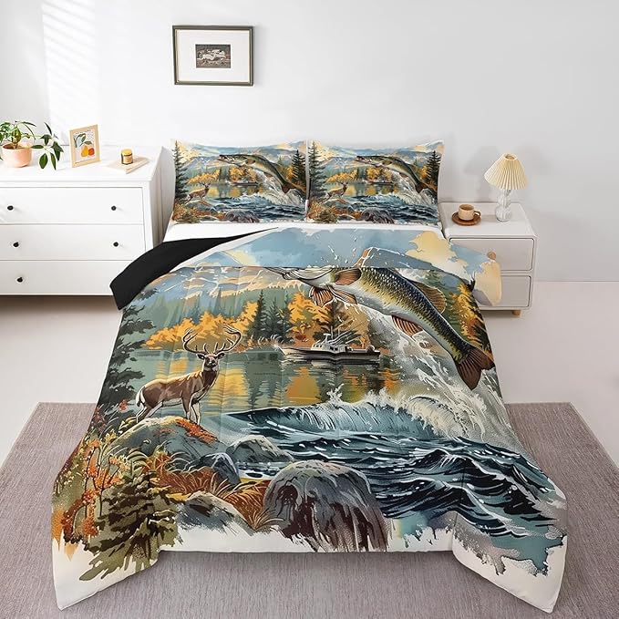 Erosebridal Bass Fishing King Comforter Set,Hunting Deer Bedding Sets for Kids Boys Men,Big Pike Fish Quilt Bed Set,Rustic Mountain Lake House Bedroom Decor,2 Pillowcases Lightweight