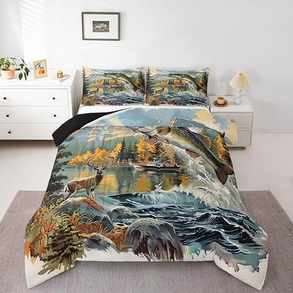 Erosebridal Bass Fishing Full Comforter Set,Hunting Deer Bedding Sets for Kids Boys Girls,Big Pike Fish Quilt Bed Set,Rustic Mountain Lake House Bedroom Decor,2 Pillowcases Lightweight