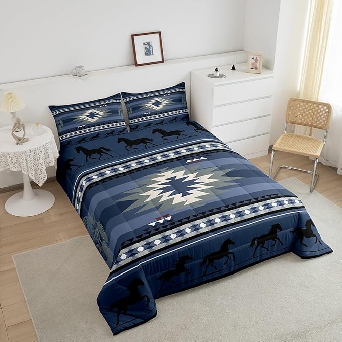 Feelyou Blue Rustic Western Comforter Set Southwestern Aztec Bedding Set Queen Size for Kids Boys Girls Teens Room Decor Boho Geometric Western Horse Comforter Soft Microfiber