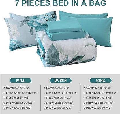 Dobuyly Floral Comforter Set Full Size 7 Piece Bed in a Bag, Aqua Flowers Printed on Light Blue Comforter Set with Sheets, Soft Microfiber Botanical Complete Bedding Set for All Season