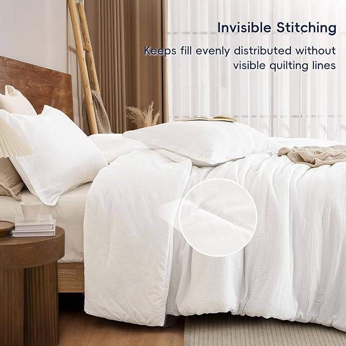 PHF Cotton Muslin Comforter Set Queen Size, Ultra Soft, Breathable & Lightweight All-Season Bedding, Filling: 100% Polyester, 3 Pieces with 1 Comforter 90"x90" and 2 Pillow Shams 20"x26", White