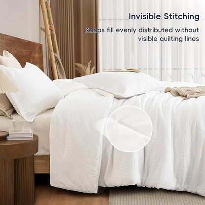 PHF Cotton Muslin Comforter Set Queen Size, Ultra Soft, Breathable & Lightweight All-Season Bedding, Filling: 100% Polyester, 3 Pieces with 1 Comforter 90"x90" and 2 Pillow Shams 20"x26", White