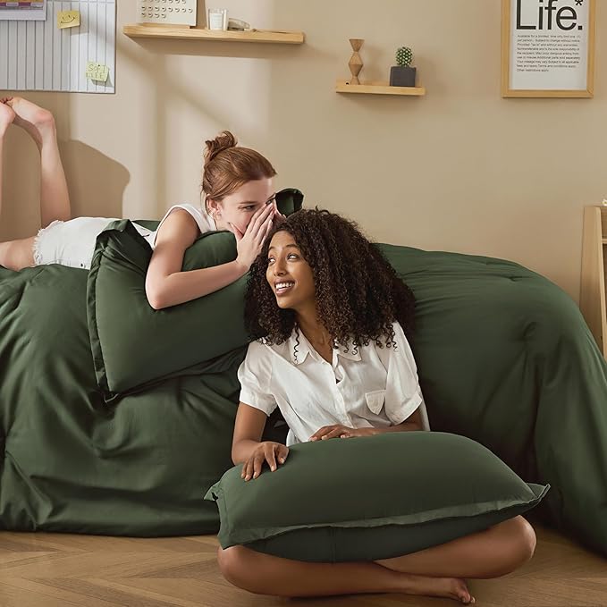 Litanika Twin/Twin XL Size Comforter Sets Grey Olive Green - 5 Pieces Bed in a Bag Twin/Twin XL Bedding Comforter Sets, Solid Lightweight Bed Set with Comforter, Sheets, Pillowcase & Sham