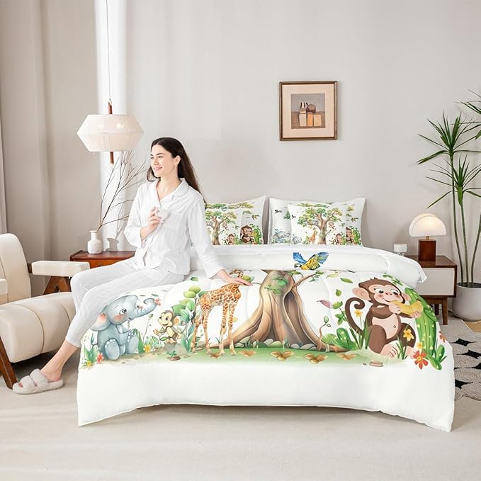 Erosebridal Zoo Animal 7 Piece Bedding Set Full Size,Elephant Monkey Koala Bed in a Bag,Birds Trees Bed Set Includes Comforter, Sheet Set, Pillowcases & Pillow Covers All Season Bedroom Decor