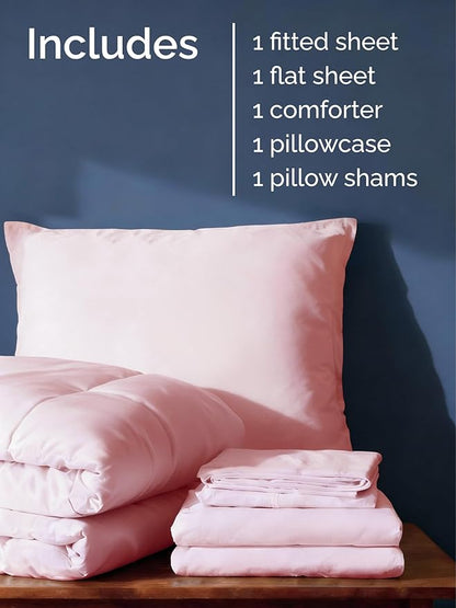 Twin XL Comforter Set - 5 Piece Bed in a Bag Twin XL Size Bed Set - Down Alternative Comforter, Flat Sheet, Fitted Sheet, Pillowcase & Sham for All Seasons - Soft, Comfy & Breathable - Lavender Pink