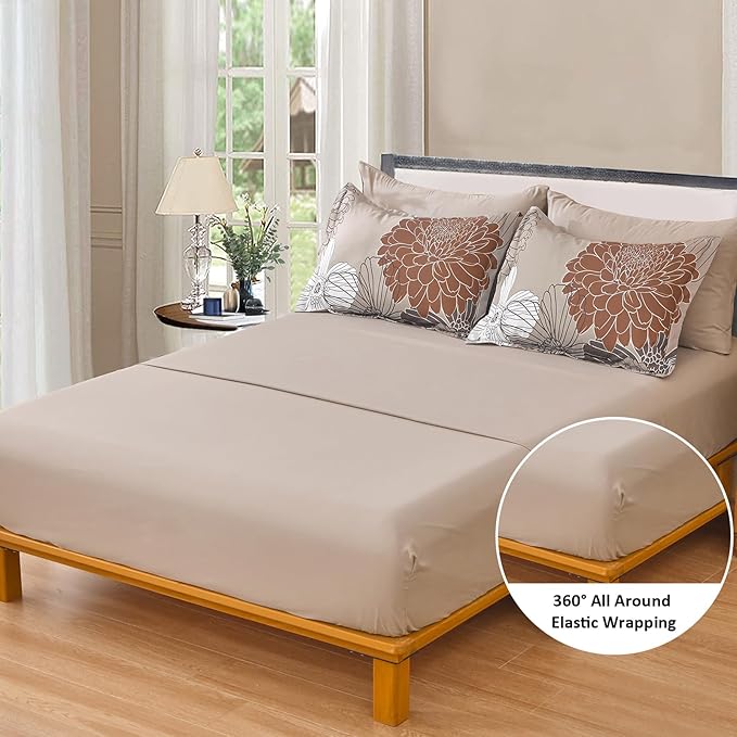 Yiran Floral Comforter Set King Size,7 Pieces Bed in a Bag Taupe Brown Comforter Soft Microfiber Bedding Sets 104"×90"