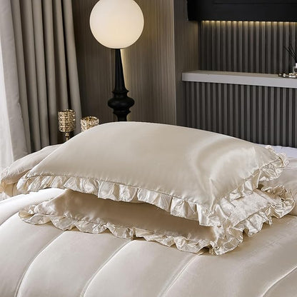 Satin Queen Comforter Set Silk Like Satin Bedding Set Hotel Soft Polyester Beige Bed Set Luxury Silky Pillow Cover with Quilt Set Ruffle Down Comforter Home Decor