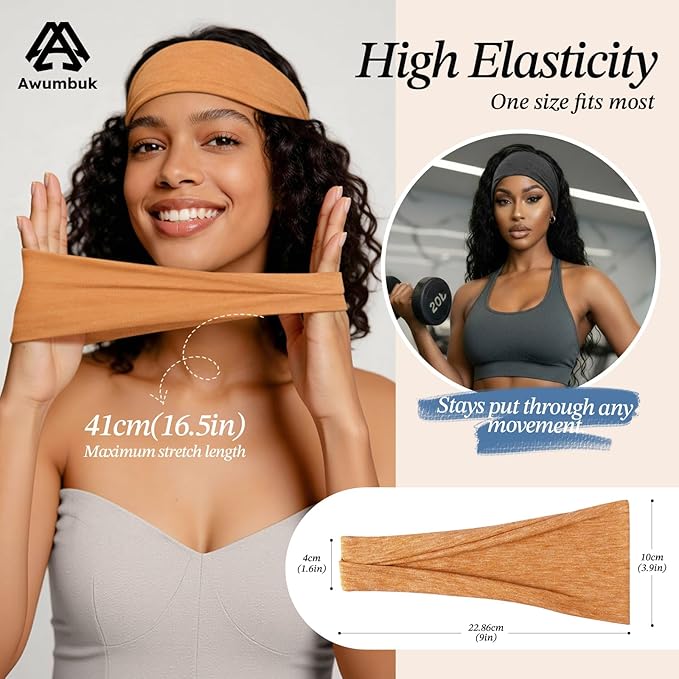 Headbands for Women, 8 Pack Non-Slip Moisture Wicking Sports Wide Head Bands, Stretchy Elastic Fabric, Multiple Colors Securing Hair for Fashion, Sports, Yoga, Running, Daily Life