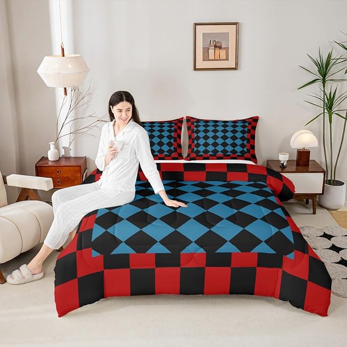 Checkered Retro Bedding Set for Boys Girls Red Blue Black Plaid Comforter Set Full Size Geometric Vintage Duvet Quilt Modern Simple Groovy Aesthetic Bedroom Decor 3 Pcs with 2 Pillow Cases