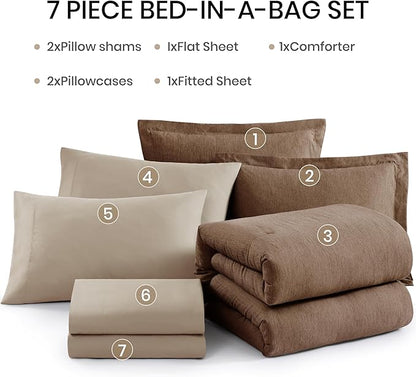 Monbix King Size Comforter Set, Brown King Bedding Set Reversible, King Comforter Set 7 Pieces, Cationic Dyeing Bed in a Bag with Comforter, Sheets, Pillowcases & Shams