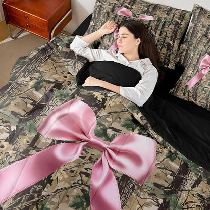 Erosebridal Bowknot King Comforter Set Camo 7-Piece Bed in A Bag Hunting Woodland Bow Ribbon Wildlife Deer Sheets and Pillowcases Brown Pink Bed Sets