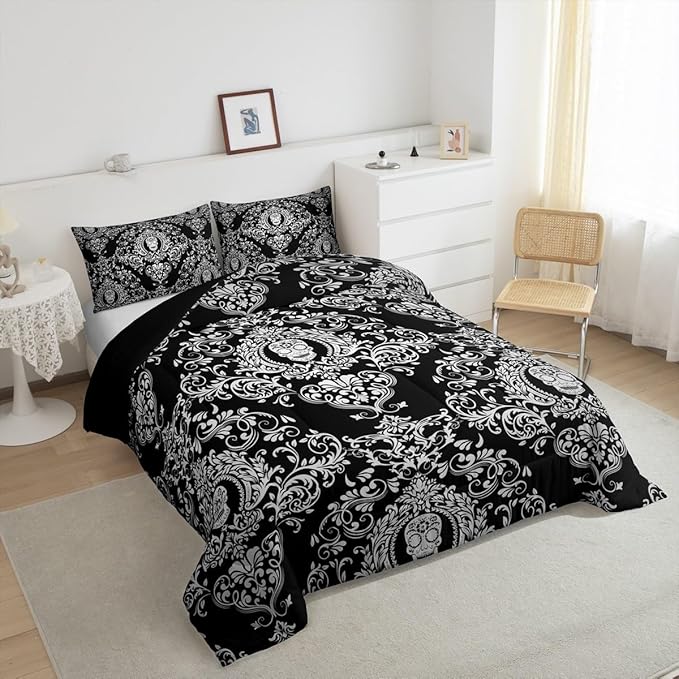 Feelyou Adults White Vintage Damask Floral Comforter Set Oriental Antique Comforter Queen Size Gothic Bohemia Boho Bedding Set Exotic Sugar Skull Duvet Set Quilt Set 3Pcs