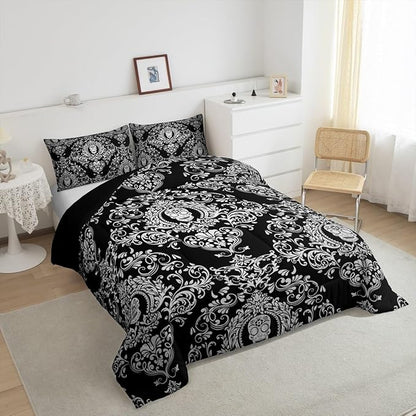 Feelyou Adults White Vintage Damask Floral Comforter Set Oriental Antique Comforter King Size Gothic Bohemia Boho Bedding Set Exotic Sugar Skull Duvet Set Quilt Set 3Pcs