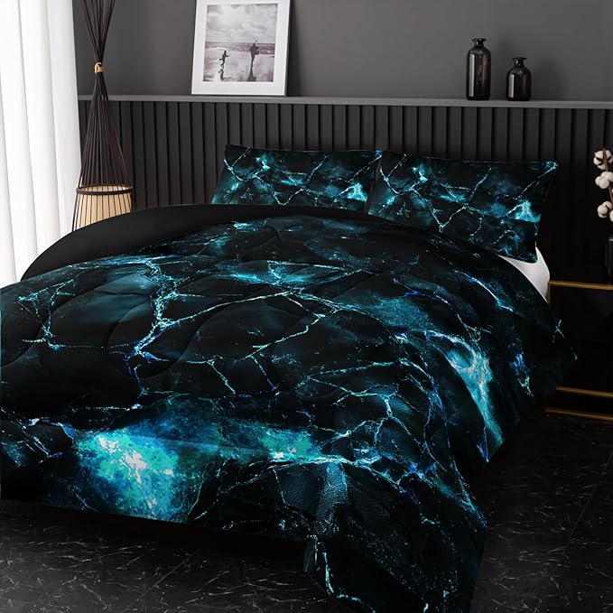 Blue Comforter Set Queen Size，Blue Marble Bedding Set 3 Pcs Bedding for Adults, Marble Room Decor with Comforter and 2 Pillowcases Soft and Lightweight B-Side Black