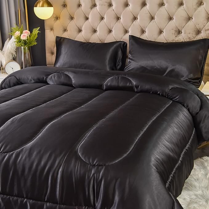 Satin Comforter Set - Black, Silk-Like, Down Alternative, King Size, 1 Comforter + 2 Pillowcases