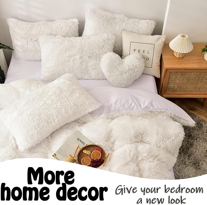 MorroMorn Fluffy Heart Throw Pillows, Shaggy Decorative Pillow for Sofa Couch Bed, Cute Room Decor Decorations for Women Girls Kids (White)