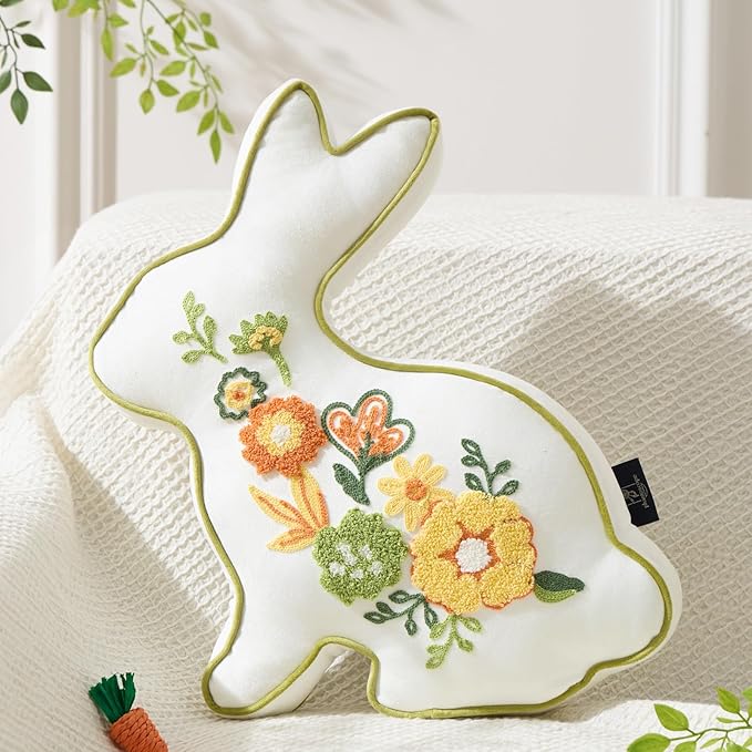 Phantoscope Happy Easter Bunny Shaped Throw Pillow, Embroidered Floral Patterns Cushion Soft Velvet Easter Rabbit Decorative Pillow for Couch Living Room Bed, White,18.5 x 13 inches