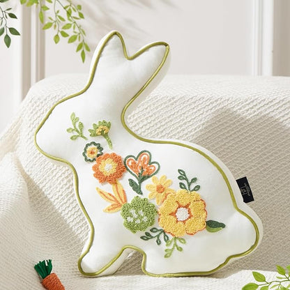 Phantoscope Happy Easter Bunny Shaped Throw Pillow, Embroidered Floral Patterns Cushion Soft Velvet Easter Rabbit Decorative Pillow for Couch Living Room Bed, White,18.5 x 13 inches