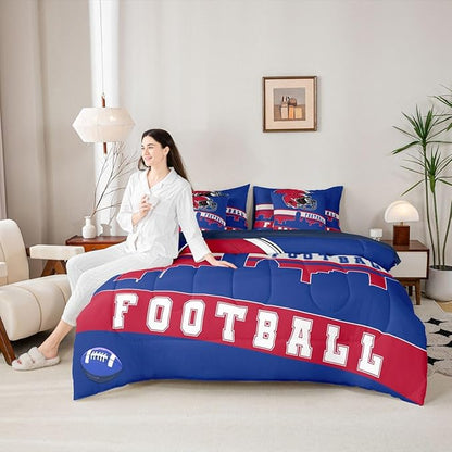 Erosebridal Football City 7 Pcs Comforter Set Queen Football Bedding for Boys Girls Blue Red Rugby Game Sheet Set Bed in A Bag Football Fans Room Decor Sports Ball Team Bed Set