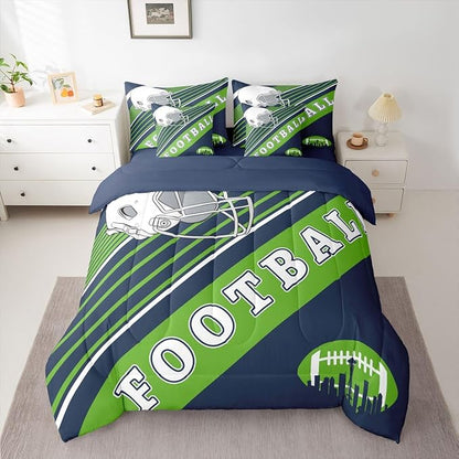 Erosebridal Football Comforter Set Full Size Bed in A Bag, 7 Pieces Football Bedding with Sheets, Navy Green Comforter + Flat Sheet + Fitted Sheet + 2 Pillowcases + 2 Throw Pillow Covers