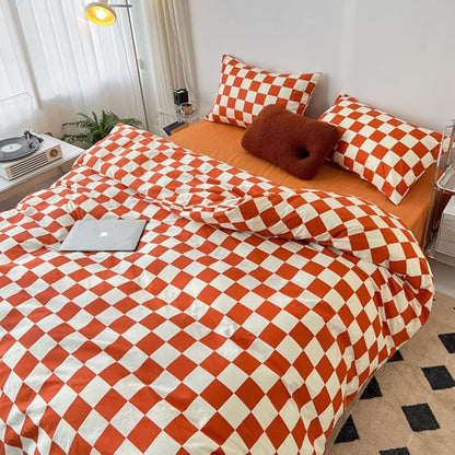CLOTHKNOW Orange Plaid California King Comforter Set Grid Bedding Comforter Sets Geometric Buffalo Comforter with 2 x Pillow Cases