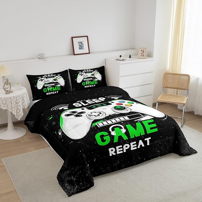 jejeloiu Eat Sleep Game Bedding Set King Size Cartoon Gamer Comforter Set for Kids Boys Girls Modern Game Duvet Set Black Green Quilt Set 3Pcs