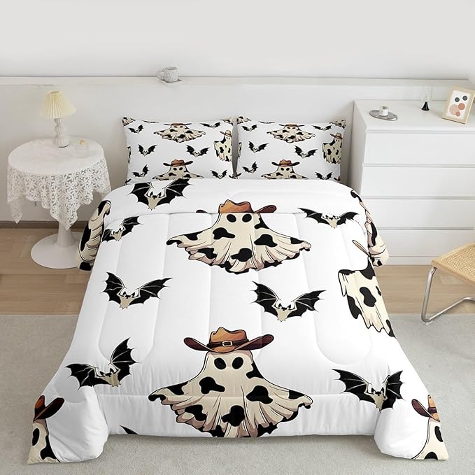 Erosebridal Cowboy Ghost Comforter Set Queen for Boys, Horror Halloween Decor Bedding Set Gothic Bat Comforter, Black Bat Quilt with 2 Pillow Cases for Kids Girls Teens Women Men Bedroom