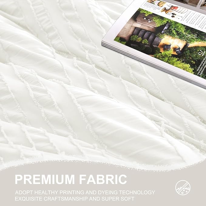 White Tufted Comforter Set King Size 7 Piece Bed in a Bag，Shabby Chic Boho Bedding for Bedroom Comforter，All Season Soft Microfiber Ruffle Comforter Set with Pillow and Sheets