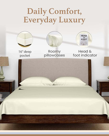 Olympic Queen Sheets Set, 100% Egyptian Cotton, Luxury 600 Thread Count, 4 Pc Super Queen Sheets Sets, Soft & Breathable, Snug Fit, 16" Deep Pocket Fitted Sheet, 2 Pillowcases & 1 Flat Sheet, Ivory