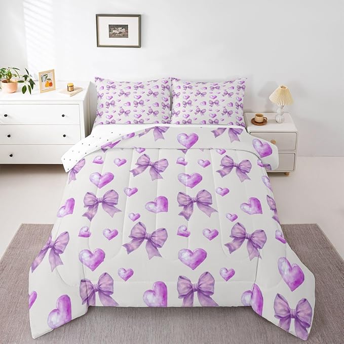 Erosebridal Purple Bow Girls Bedding Set with Sheets Twin Ribbon Bowknot Comforter Set for Kids Teen Girls Women Bedroom Dreamy Princess Coquette Comforter Trendy Preppy Bows Quilt Duvet