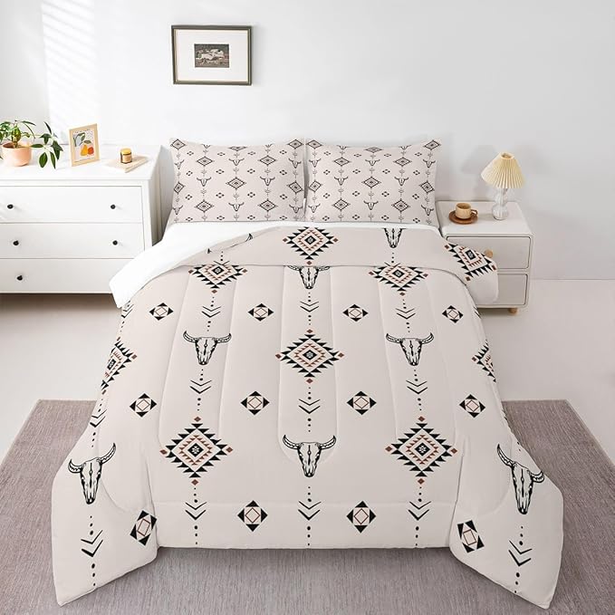 Erosebridal Western Aztec Comforter Set Toddler Size American Native Bedding Set Boho Southwestern Quilt for Kids Boys Teens Adult Bedroom Tribal Bull Skull Farmhouse Duvet Insert
