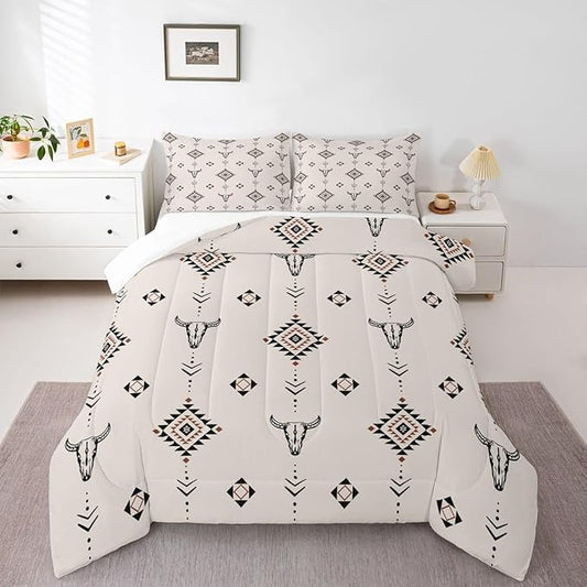 Erosebridal Western Aztec Comforter Set Toddler Size American Native Bedding Set Boho Southwestern Quilt for Kids Boys Teens Adult Bedroom Tribal Bull Skull Farmhouse Duvet Insert